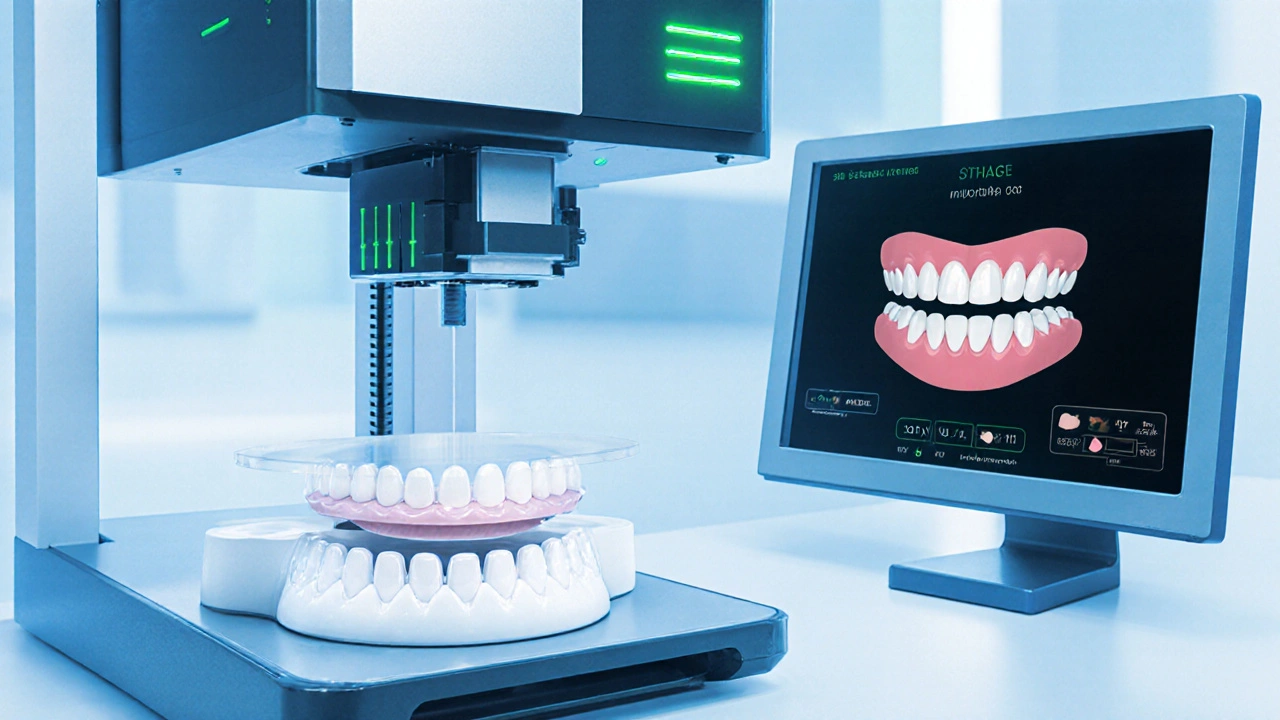 3D tisk keramické fazety v ekologické laboratoři.
