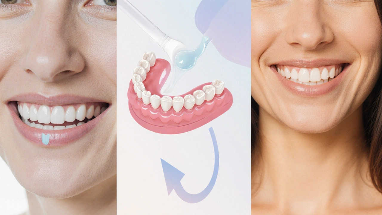 Časová osa od tmavých k zářivě bělým zubům s bělicím gelovým procesem.