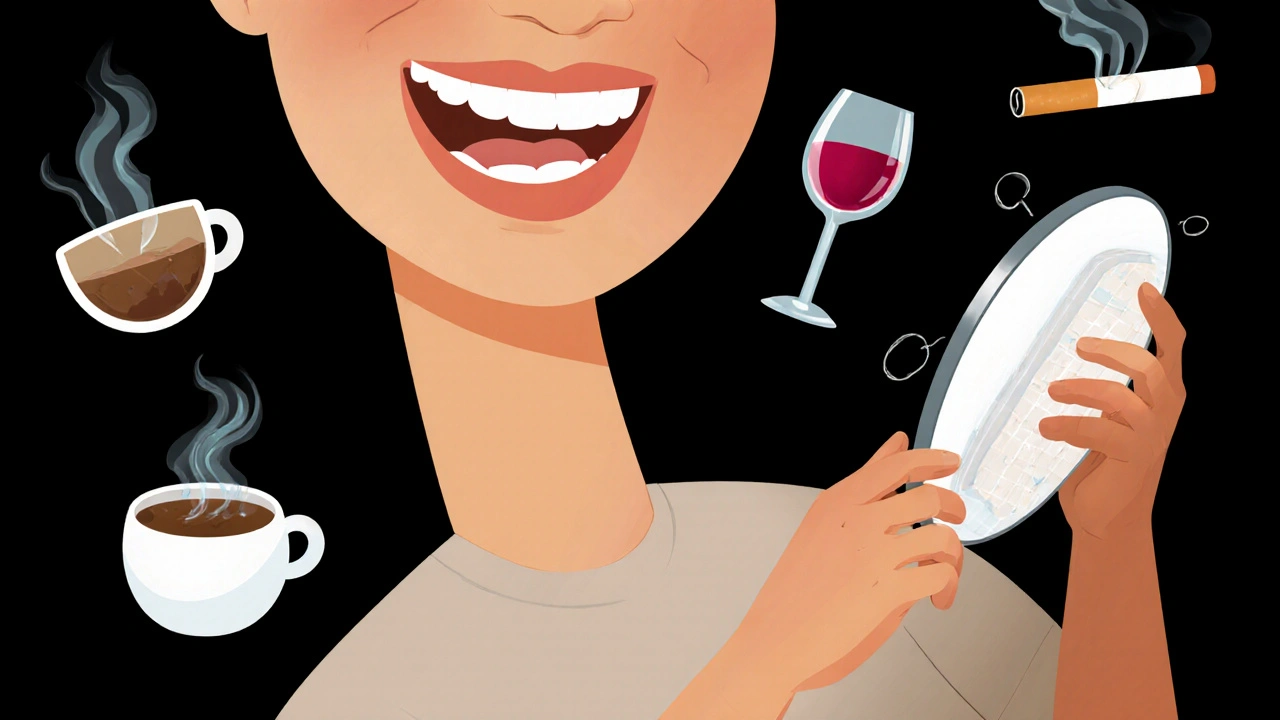 Člověk se dívá do zrcadla s bělícími zuby, kolem něj průhledné stopy kávy a vína.