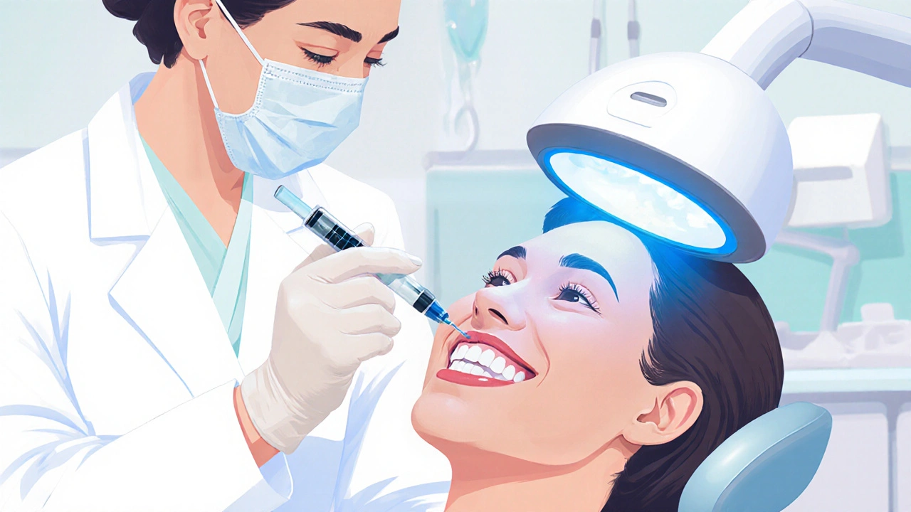 Dentista aplikující peroxidový gel pod LED lampou, úsměv s bílými zuby.