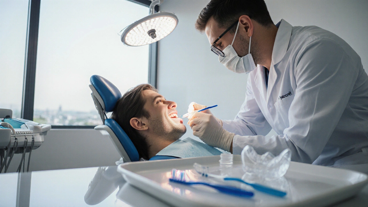 Fotorealistický zubní zákrok s dentálními pomůckami na stole.