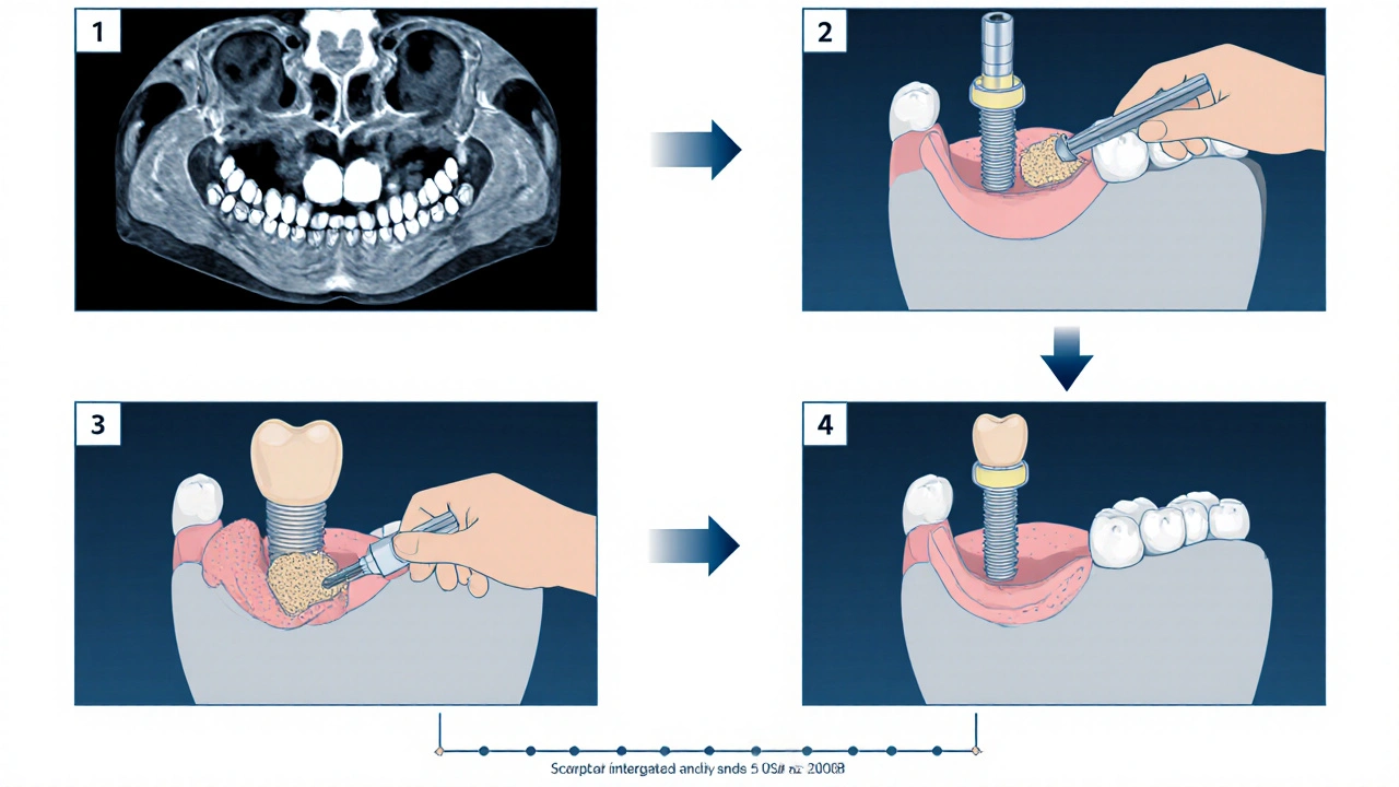 Ilustrace kroků implantace: CT sken, kostní výplň, chirurgické zavedení.