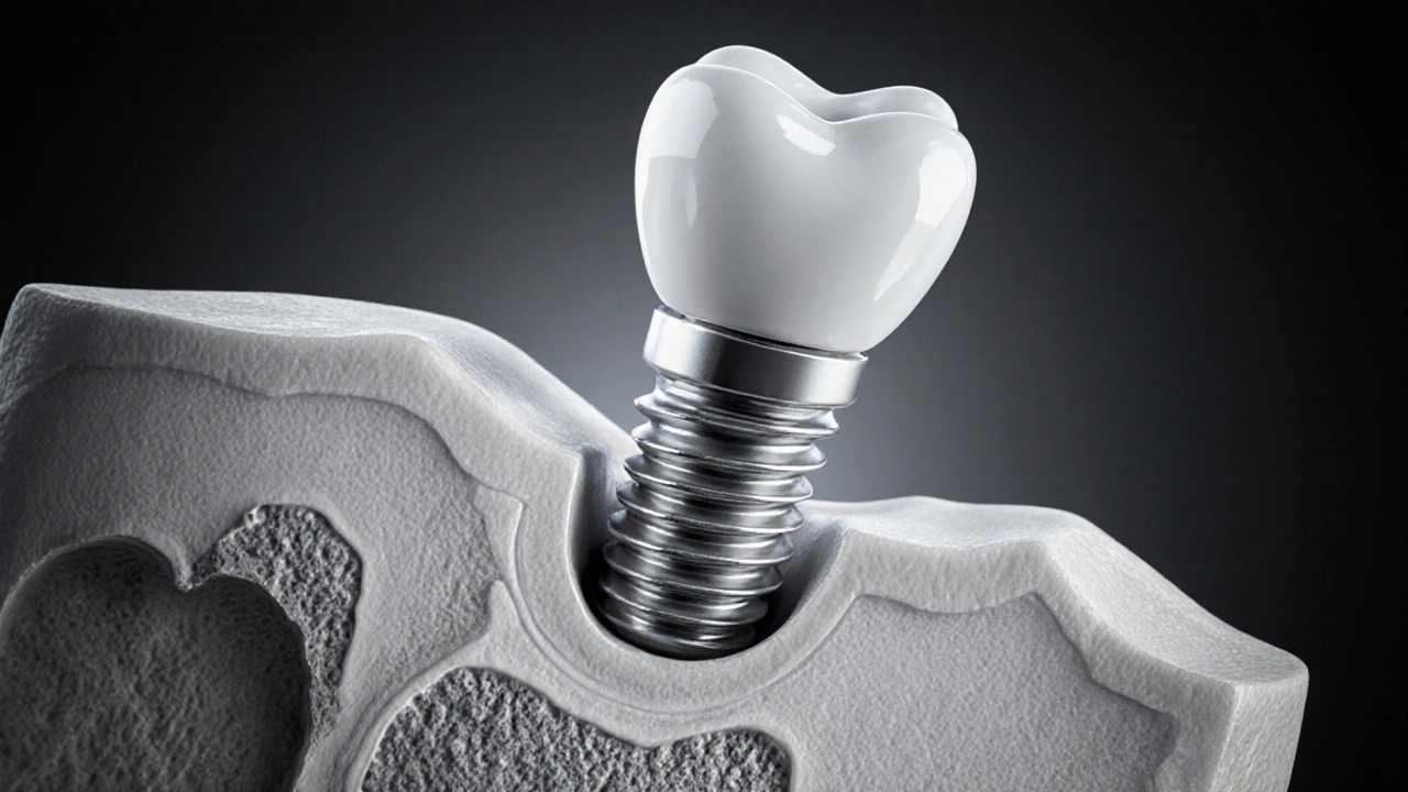 Křížový řez čelisti s implantátem a keramickou korunkou v kosti.