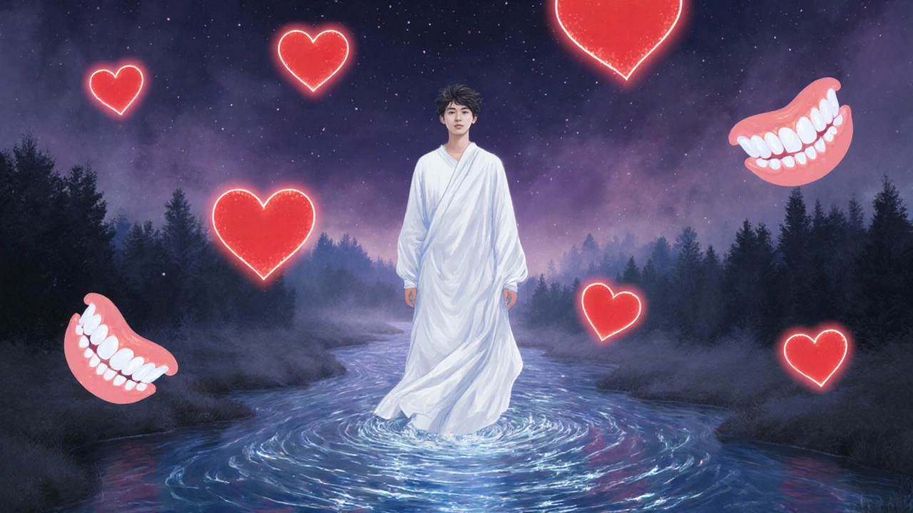 Mladý muž vycházející z řeky, kolem plavou srdce a zuby v surrealistickém stylu.