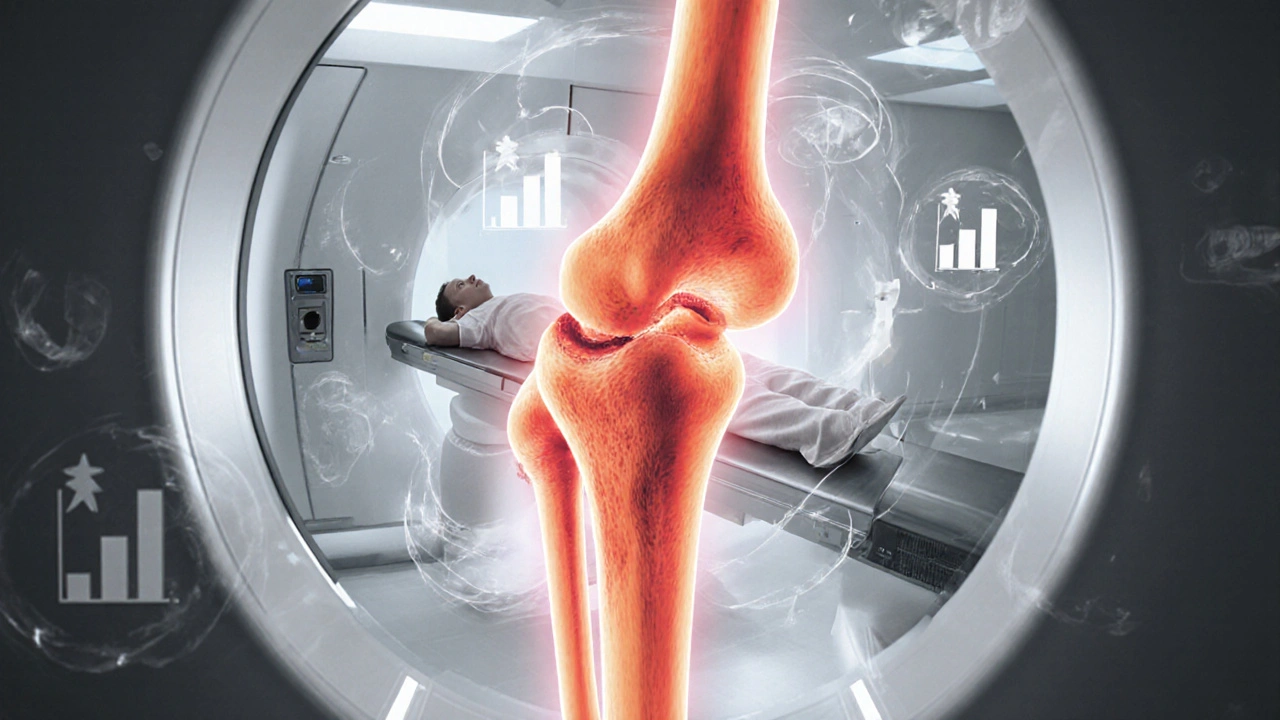 MRI snímek femury s oranžovo‑červeným zvýrazněním zánětu dřeně.