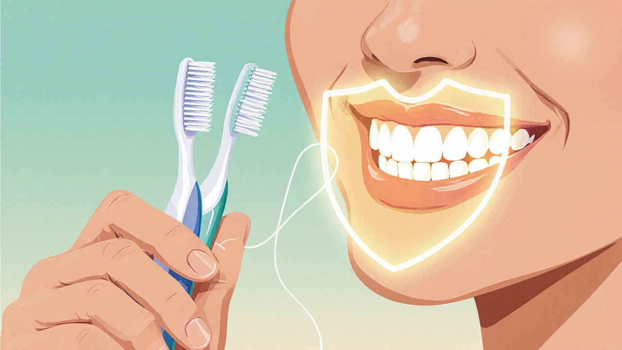 Osoba si čistí zuby kartáčkem a dentální nití, kolem zubů září ochranná vrstva.