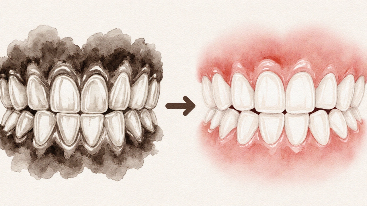 Porovnání zubů s kamenem a po jeho odstranění – zdravé dásně se vracejí k přirozenému tvaru.
