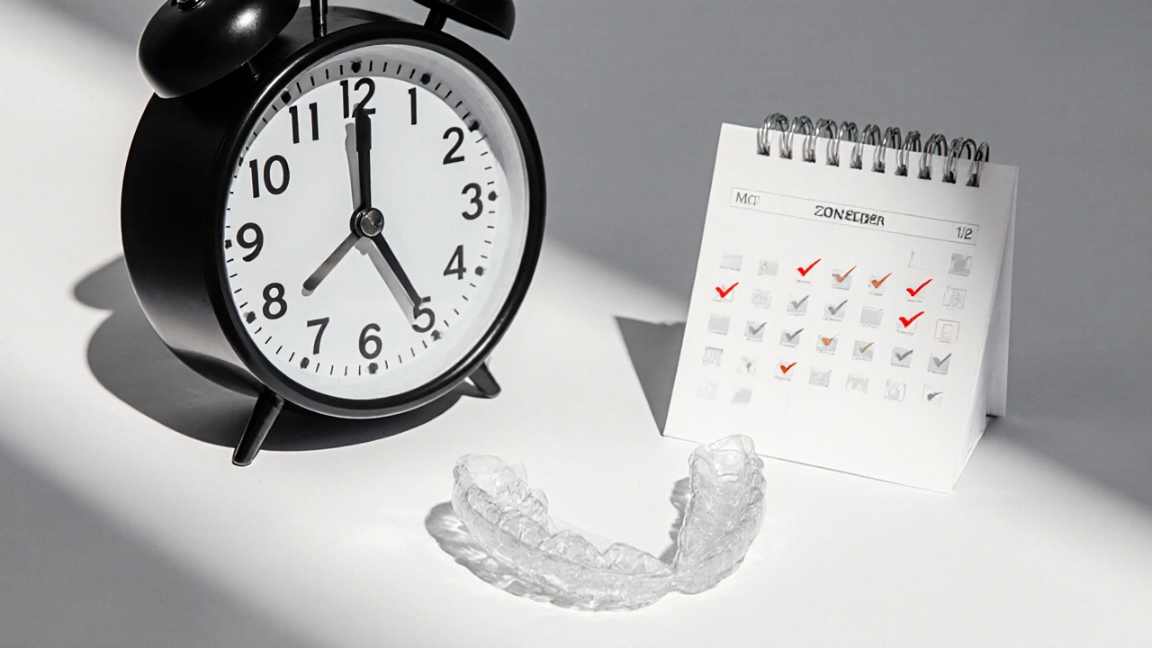 Průhledná snímací rovnátka na stole vedle hodin ukazujících 20 hodin denního nosení.