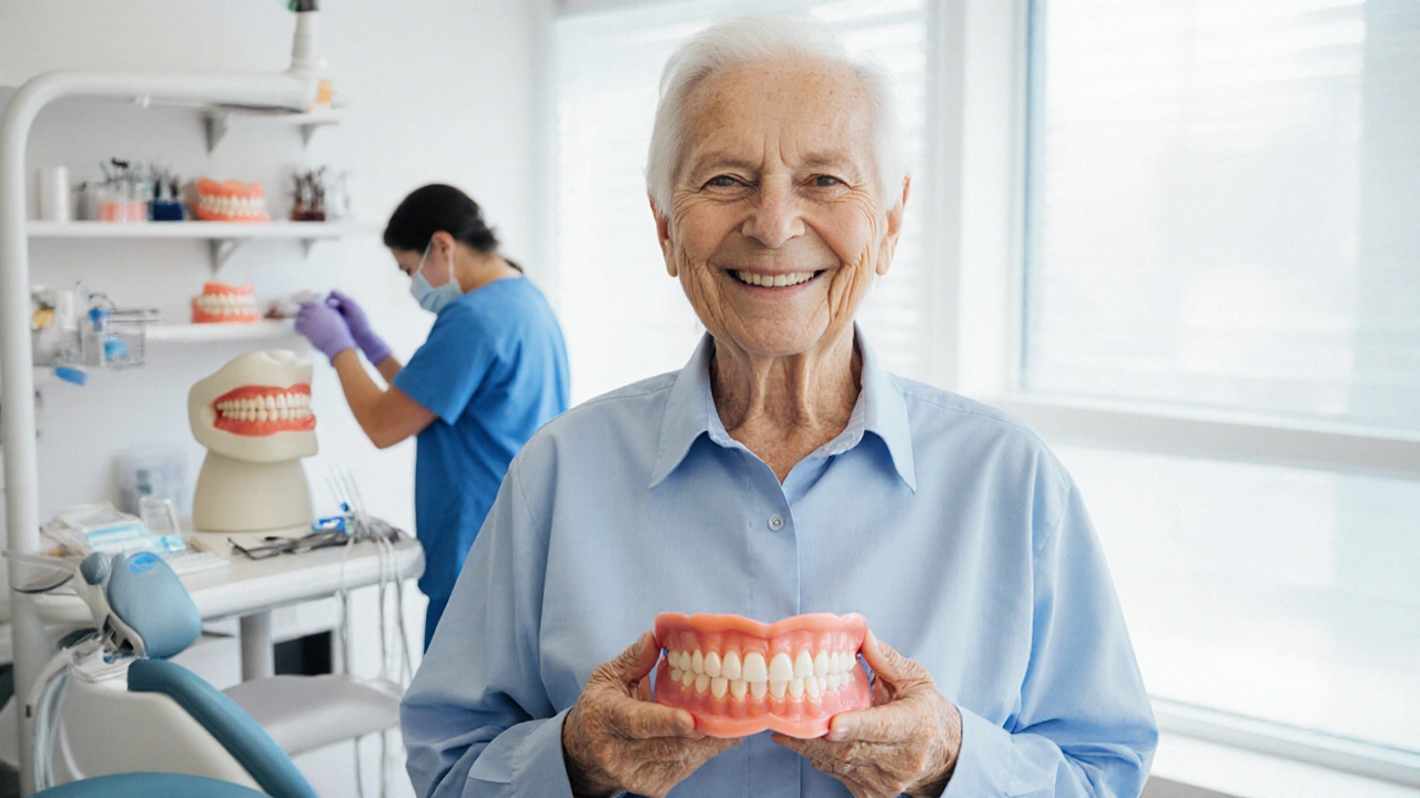 Starší pacient s hotovou protézou v dentální laboratoři, usmívá se.