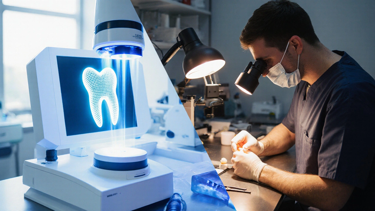 Technik v laboratoři leští keramickou onlay, zatímco naopak v praxi skener snímá otisk zubu.