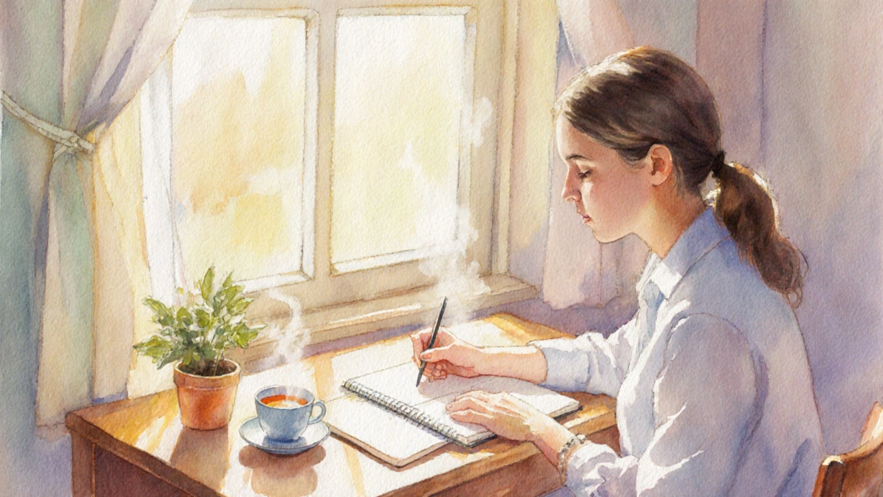 Žena píše do deníku u okna, sluneční světlo zalévá pokoj.