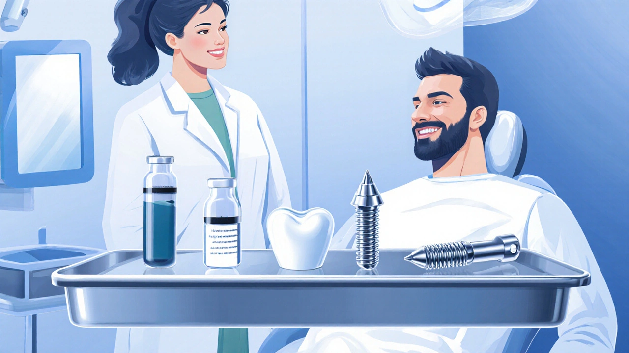 Zubní ordinace ukazující různé možnosti opravy: výplň, korunka, implantát a laser.