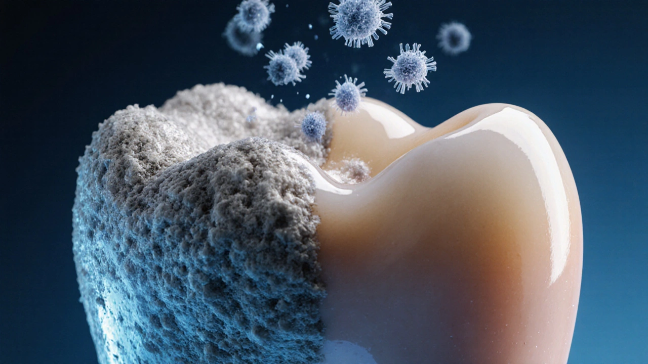 Zvětšený pohled na zubní povrch: jedna polovina pokrytá plakem, druhá čistá.