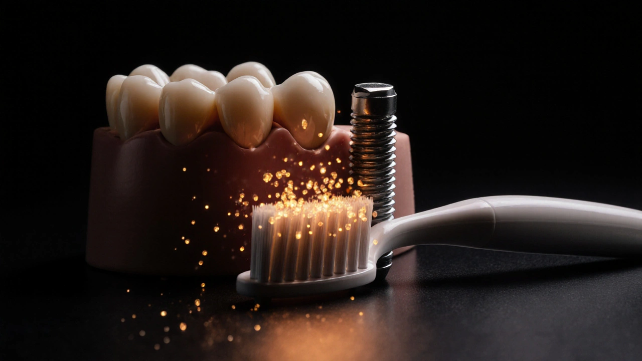 Čistící nástroje vedle implantátu s představou bakterií šířících se z kartáčku.