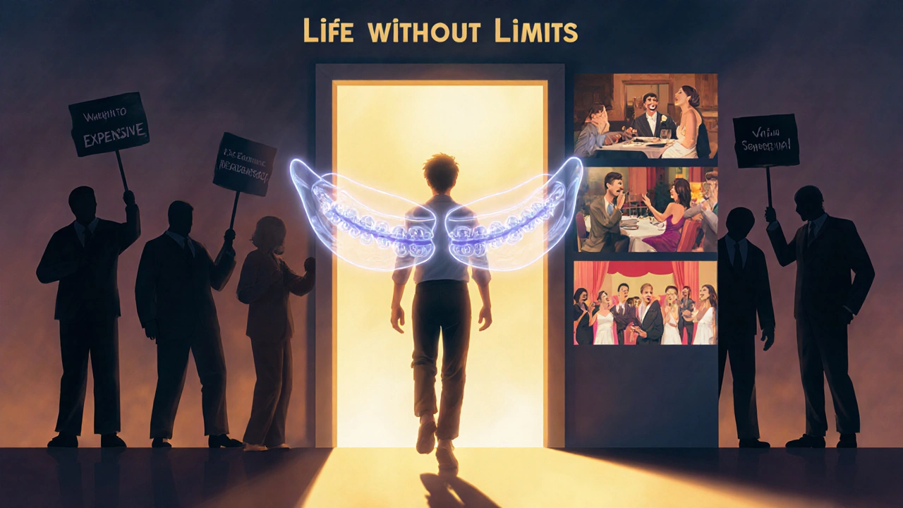 Člověk kročí přes prah &#039;Život bez omezení&#039;, za ním rovnátka jako křídla, po jedné straně strach, po druhé život plný radosti.