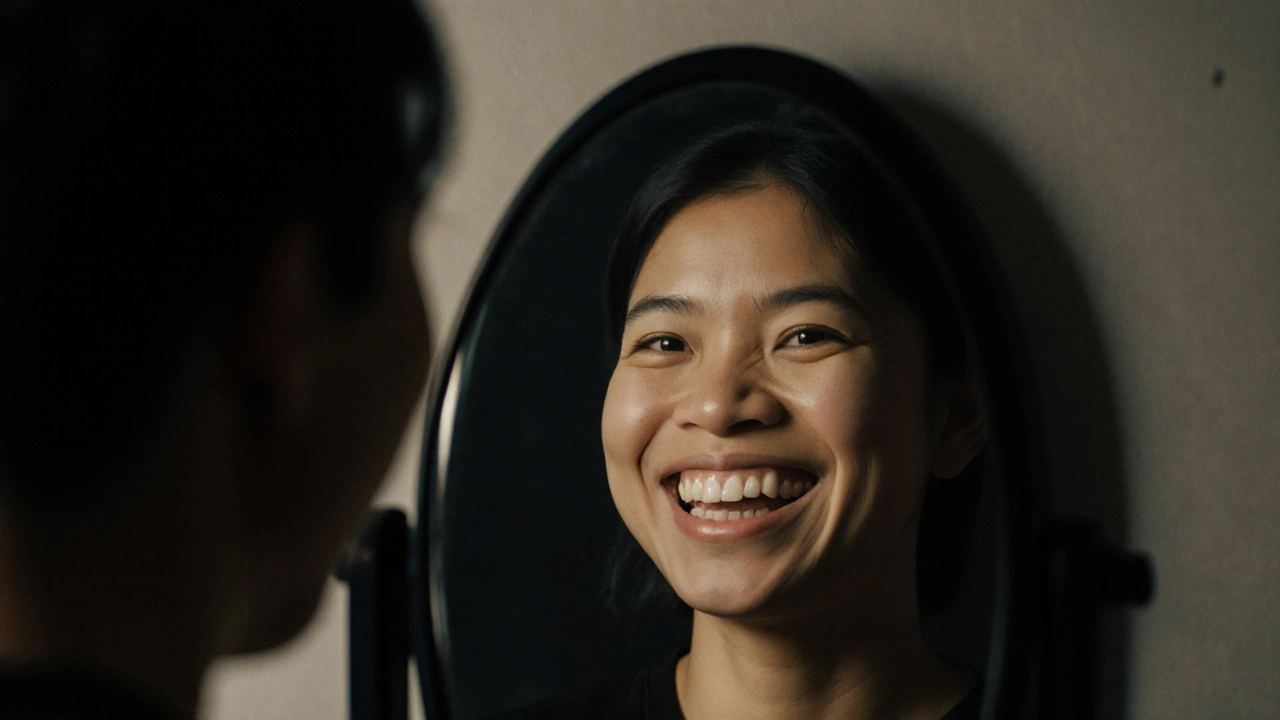 Člověk se dívá do zrcadla, kde jeho odraz ukazuje úplný úsměv, zatímco původní obličej má chybějící zub.