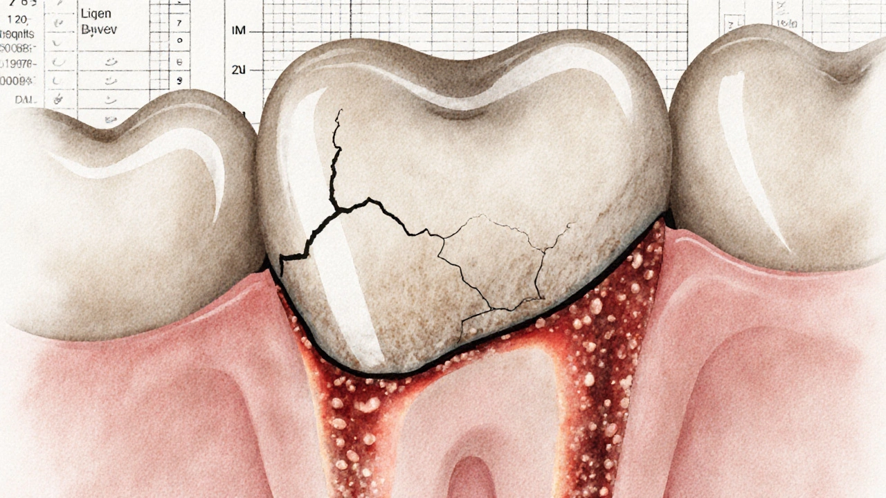 Cross-section of a tooth showing a composite filling with early signs of decay along the edge.