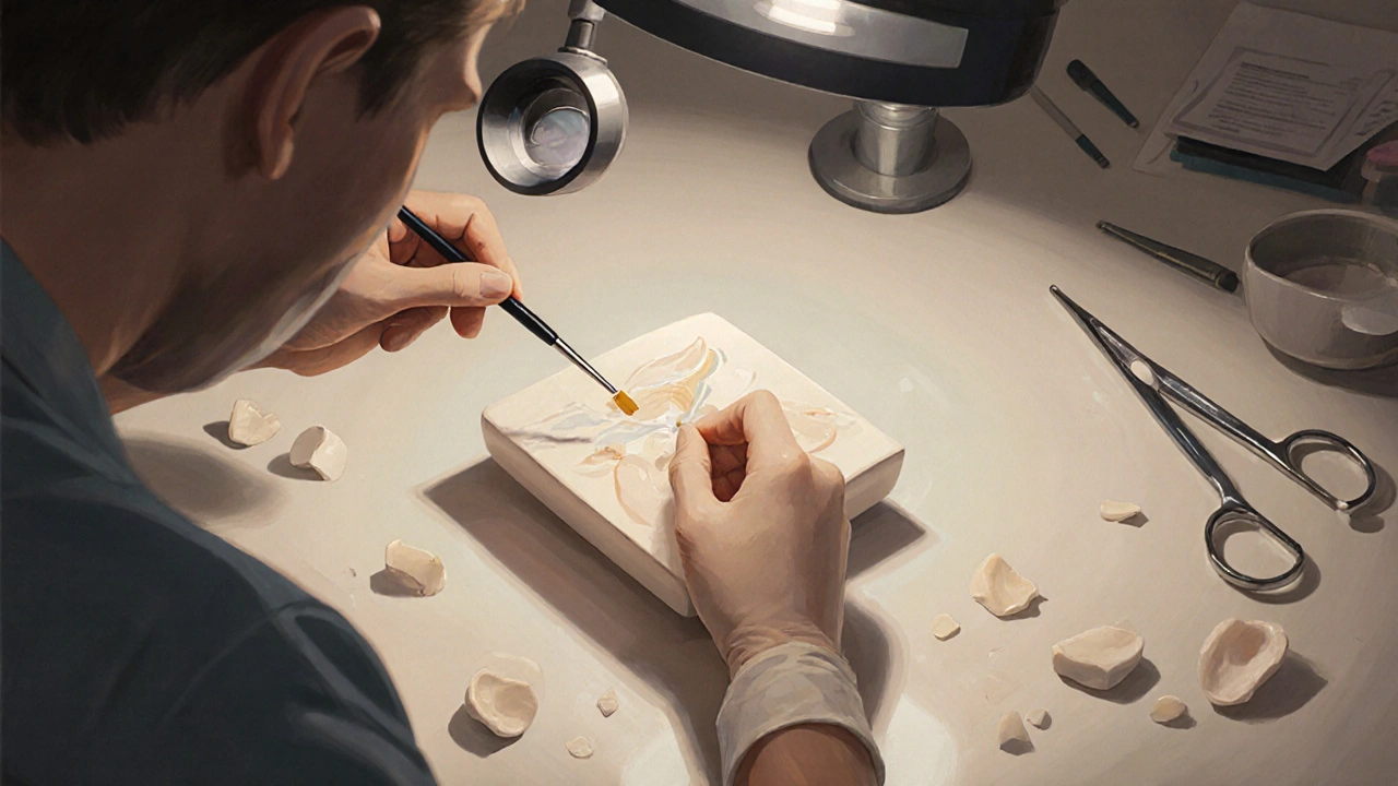 Dentální technik maluje keramickou fazetu ručně pod zvětšovací lampou.