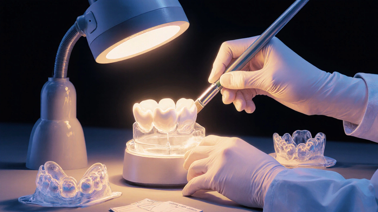 Dentální technik v laboratoři jemně poliruje keramickou korunku pod lůžkovou lámou.