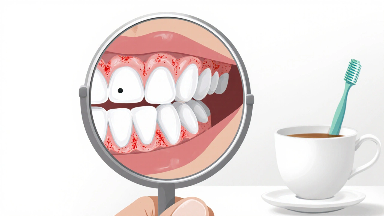 Detailní pohled do úst s dentálním zrcátkem ukazující tmavou skvrnu a zánět dásně.