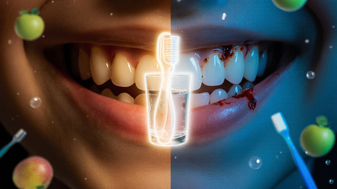 Dětský úsměv rozdělený na zdravou a nemocnou stranu zubů.