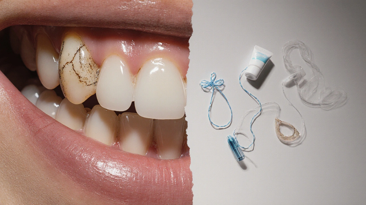 Dvě verze keramického zubu: lesklý nový a poškozený po letech, spojené cestou péče.