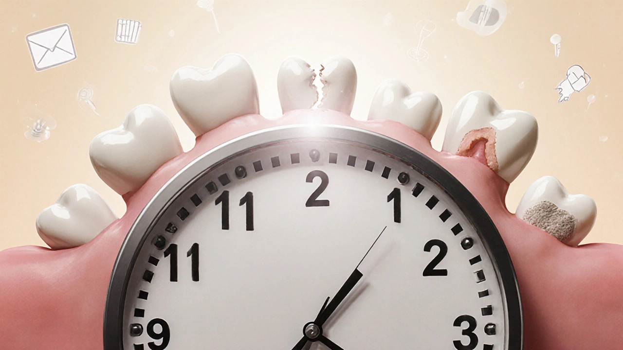 Hodiny s zuby namísto čísel, symbolizující postupující zubní problémy.