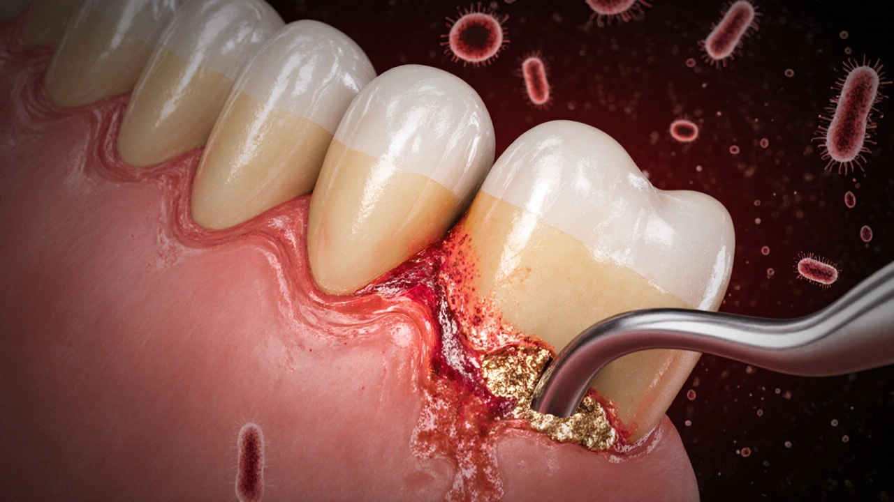 Ilustrace infikované tkáně kolem kořene zubu během kyretáže.