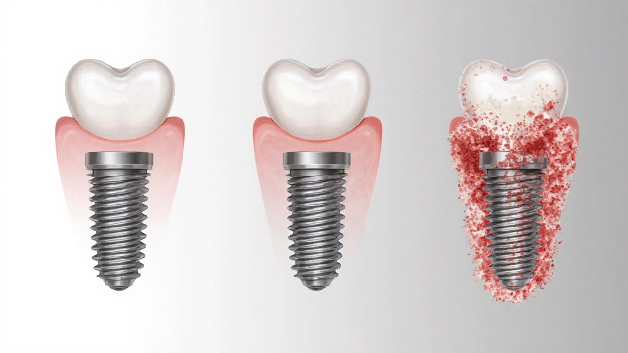 Ilustrace postupného poškozování kosti kolem implantátu kvůli zubnímu plaku.