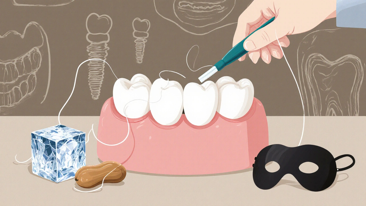 Keramický zub čištěný mezizubní kartáčkem, kolem něj symboly nebezpečí jako led a noční ochranná destička.