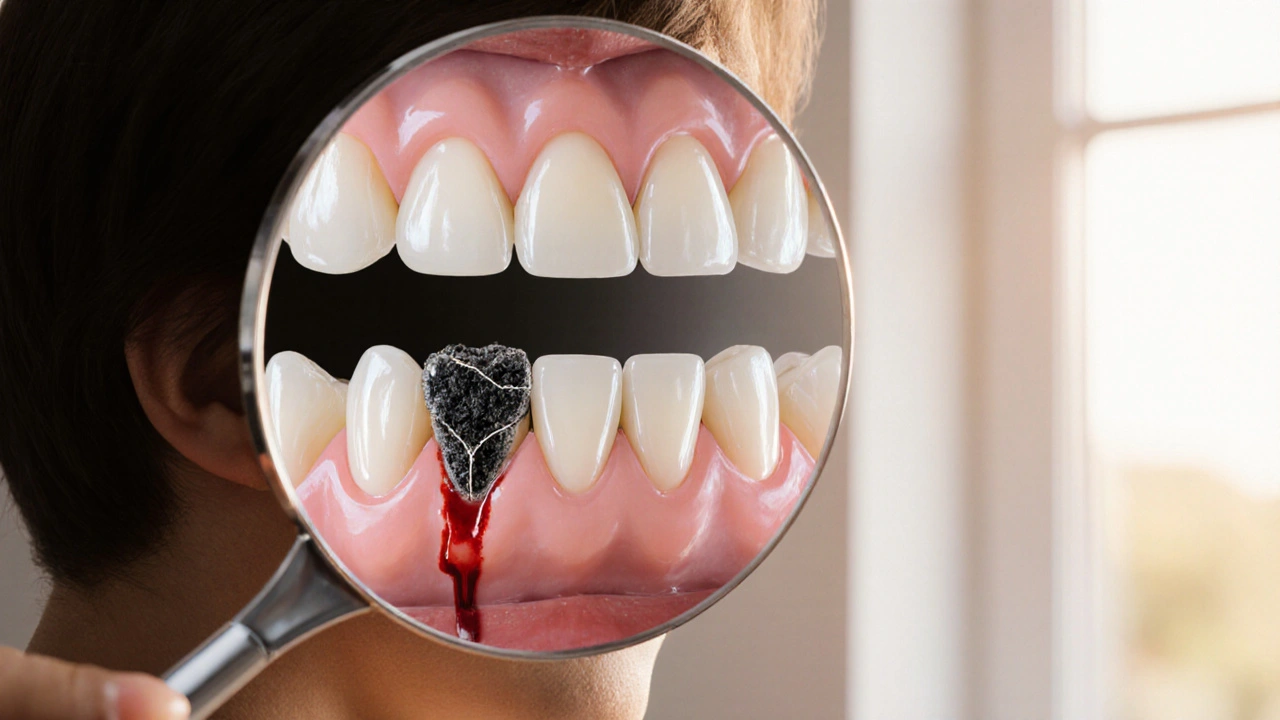 Koncepční obrázek s překryvem skrytých zubních problémů viditelných přes zrcátko.