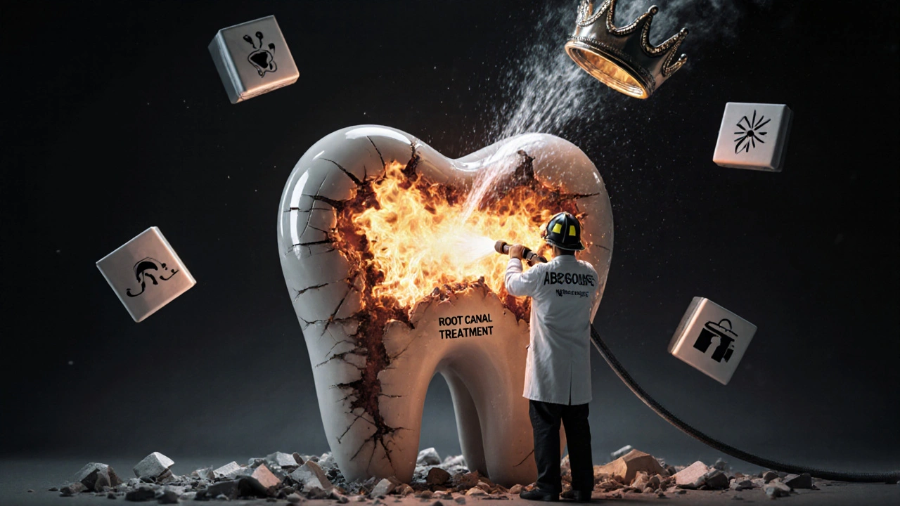 Koncepční obrázek zubu jako domu s hořícím jádrem, který lékař hasí.