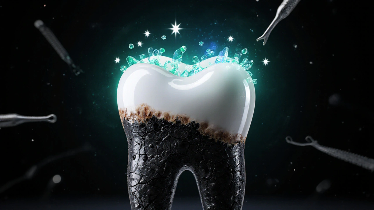 Koncepční obrázek zubu, který se postupně obnovuje z poškozeného na zdravý povrch