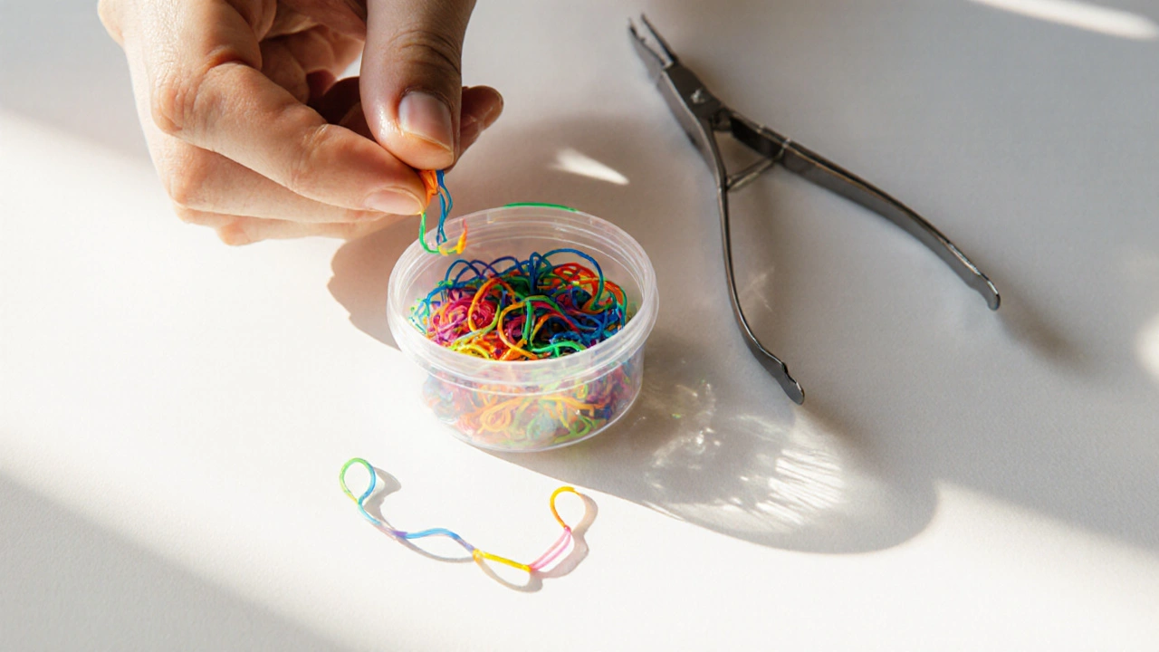 Kontejner s barvami gumiček a nástroji pro jejich výměnu.