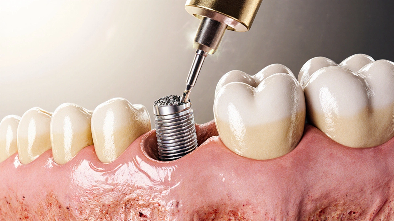 Microscopic view of titanium implant fusing with jawbone tissue.