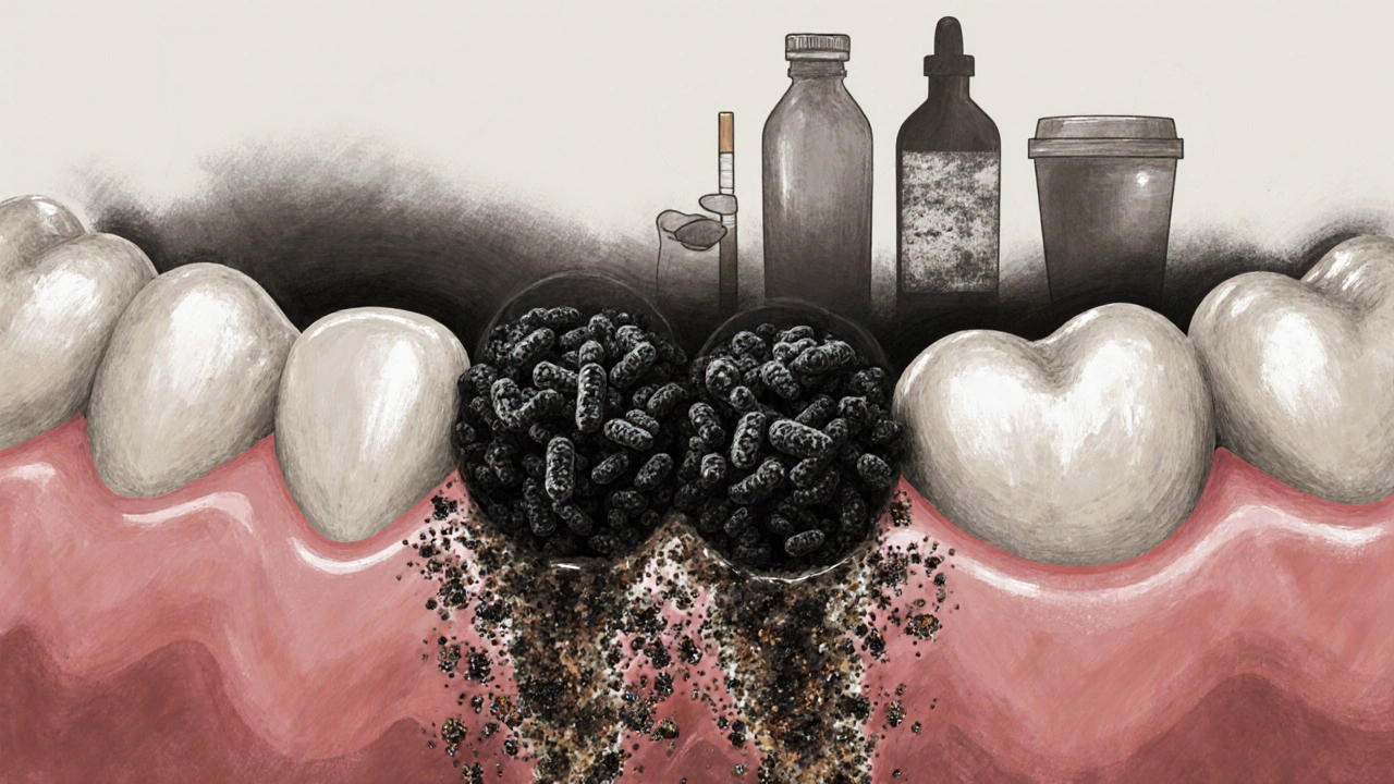 Mikroskopický pohled na bakterie a chemické reakce vytvářející černý zubní kámen na zubním povrchu.