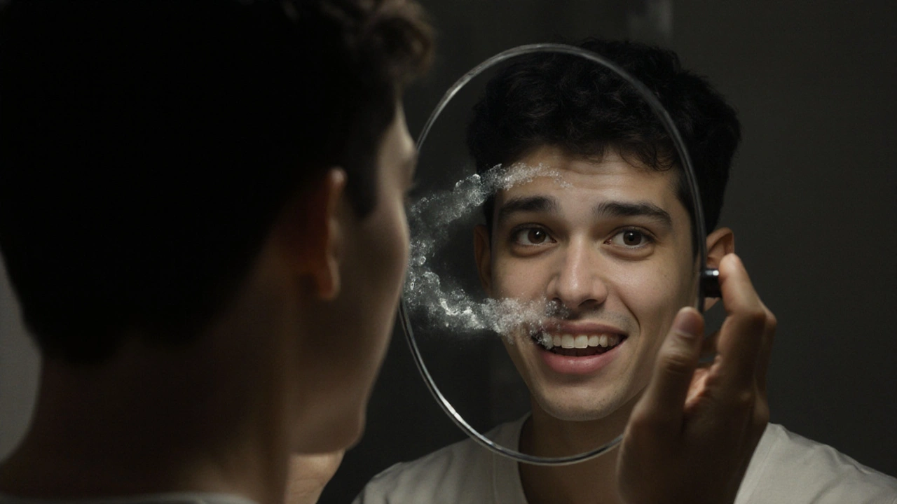 Mladý člověk s bílými skvrnami na zubech a ortodontickým aparátem v zrcadle