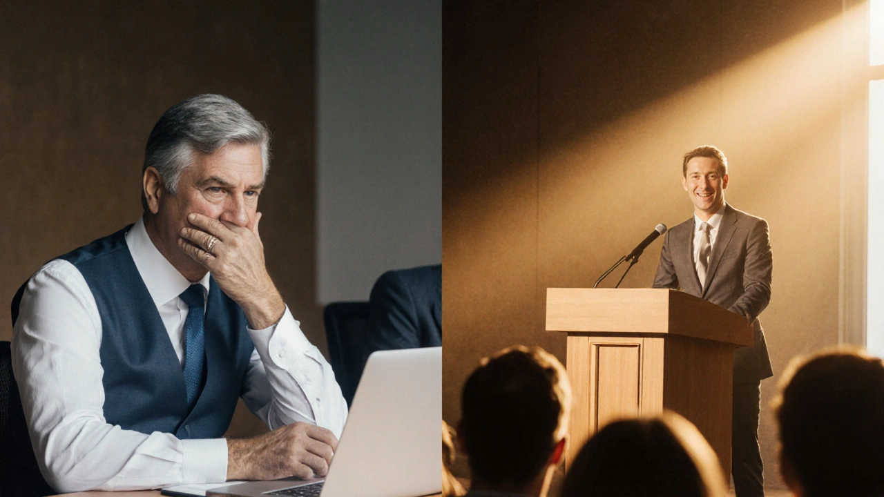 Muž před a po aplikaci fazet – z tichého účetního k jistému řečníkovi.