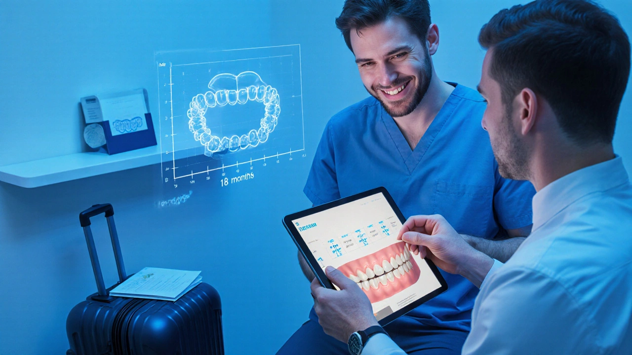 Muž s ortodontem prohlíží 3D model zubů v klinice, na pozadí cestovní kufřík a svatební pozvánka.