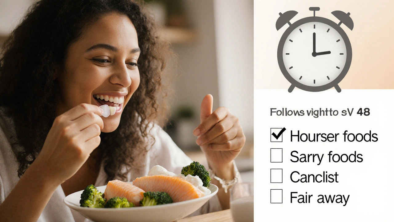 Osoba jí bílé potraviny jako rybu a brokolici, symbolizující bezpečnou stravu po bělení.