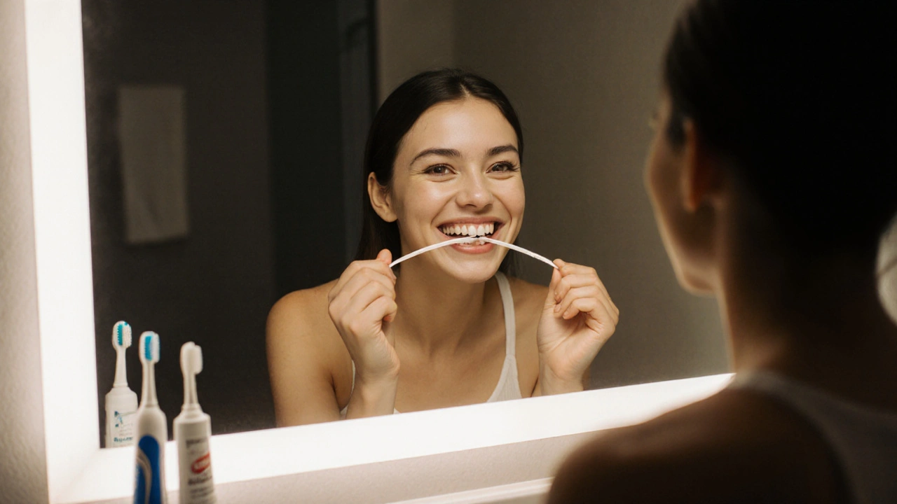 Osoba používá zubní nit pro čištění mezi zuby ve výhledu zrcadla