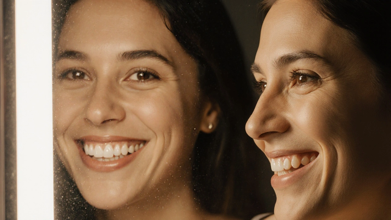 Osoba se smíchem, jejíž zuby vypadají přirozeně, s jednou neviditelně opravenou plombou.