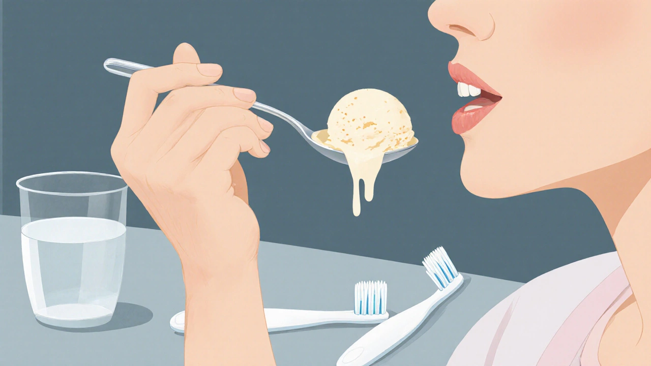 Pacient jedí chladnou vanilkovou zmrzlinu druhý den po léčbě.