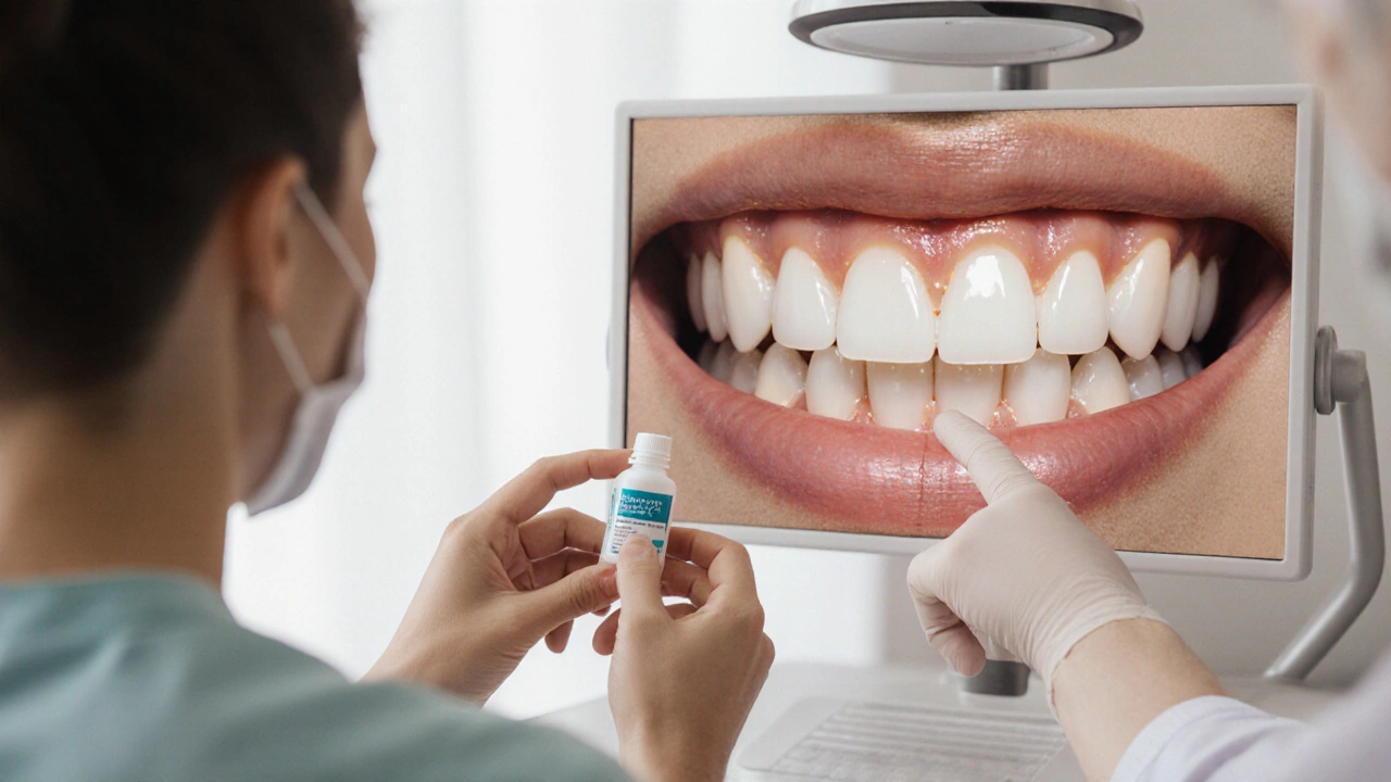 Pacient si prohlíží zuby v zrcadle, zatímco dentist ukazuje na obraz kazu na obrazovce