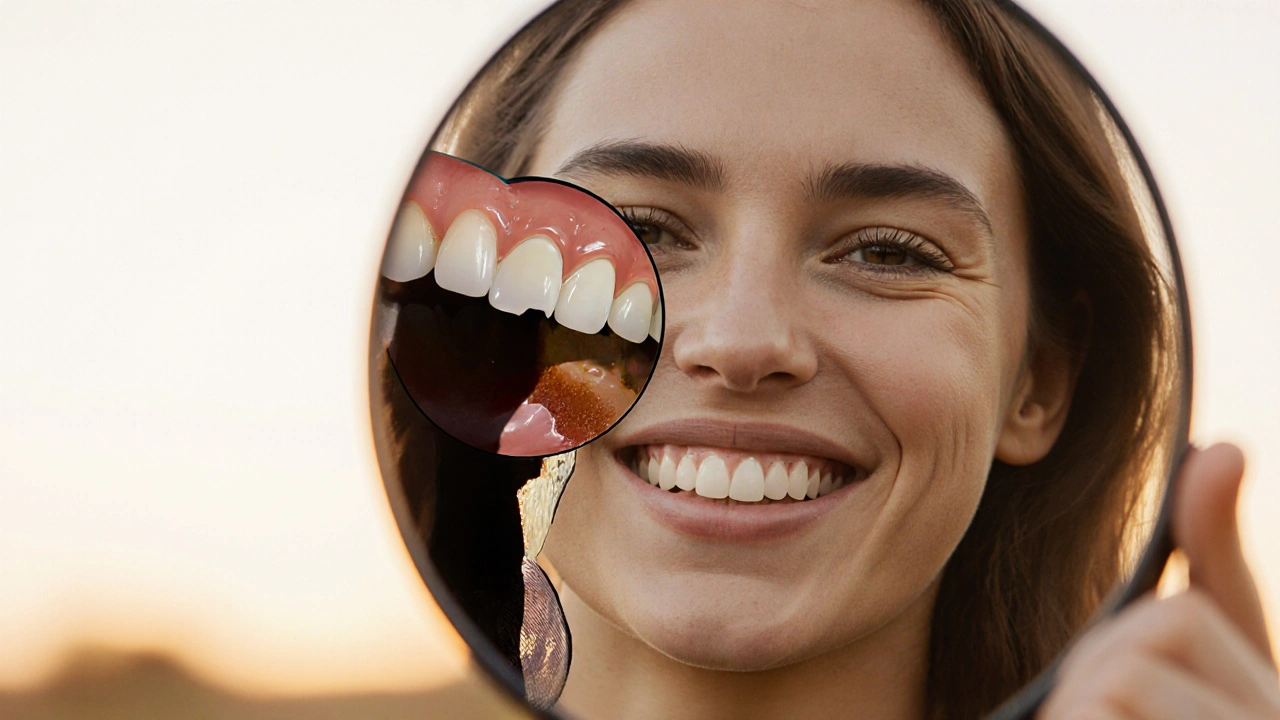 Patient smiling with a flawless e-max crown and white filling, contrasted with a fading poor repair.