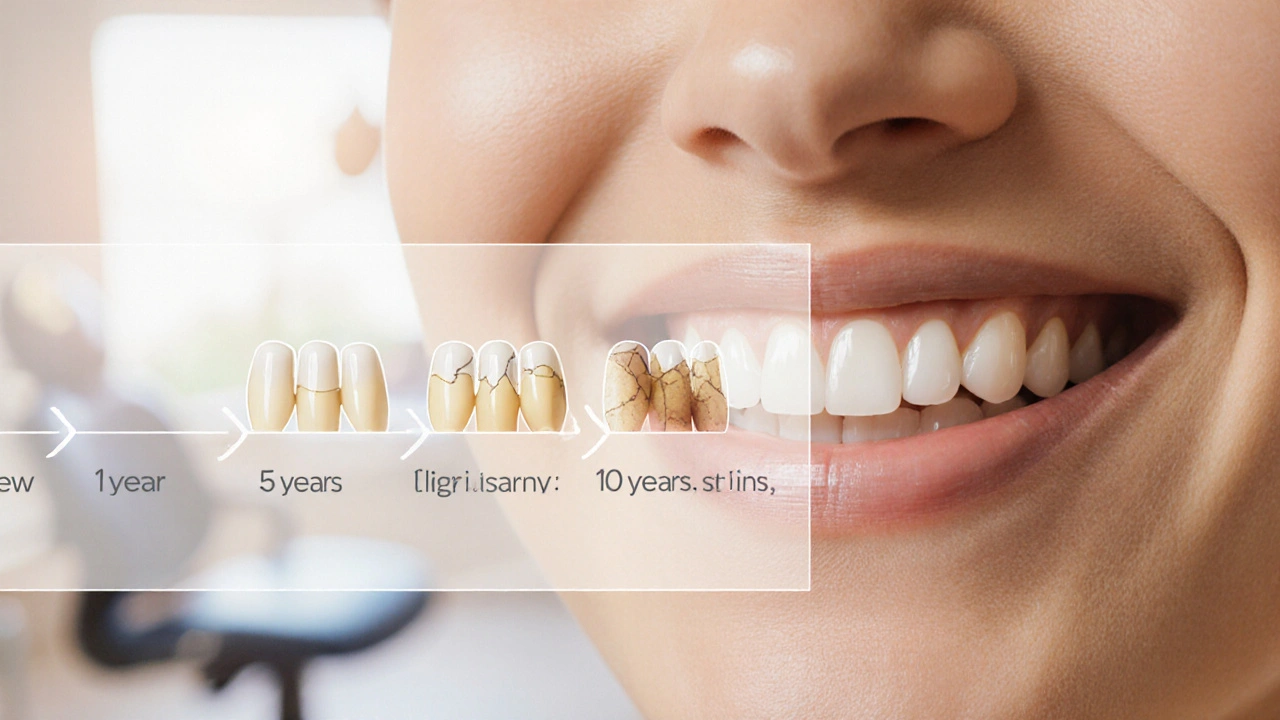 Person smiling with white fillings in front teeth, timeline overlay showing longevity of dental restorations.