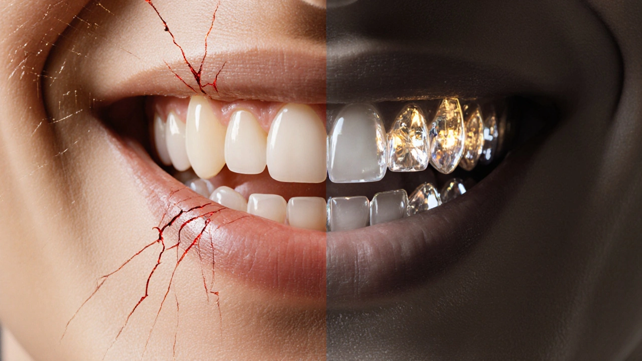 Porovnání poškozeného a opraveného předního zubu v jednom úsměvu.