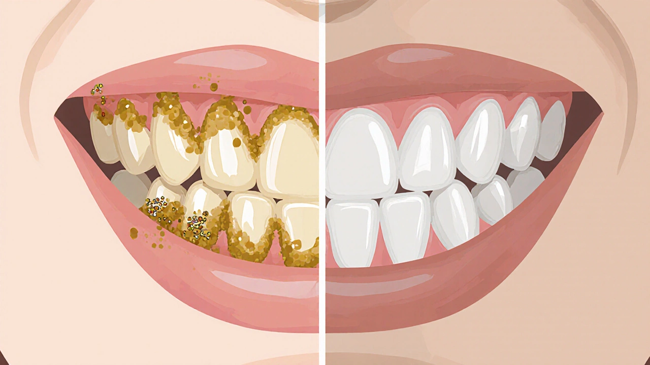 Porovnání zubního kamene a zdravé zubní skloviny.
