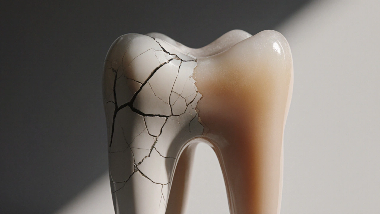 Poškozená keramická fazeta vedle zdravého zubu s vyznačenou ztrátou skloviny.