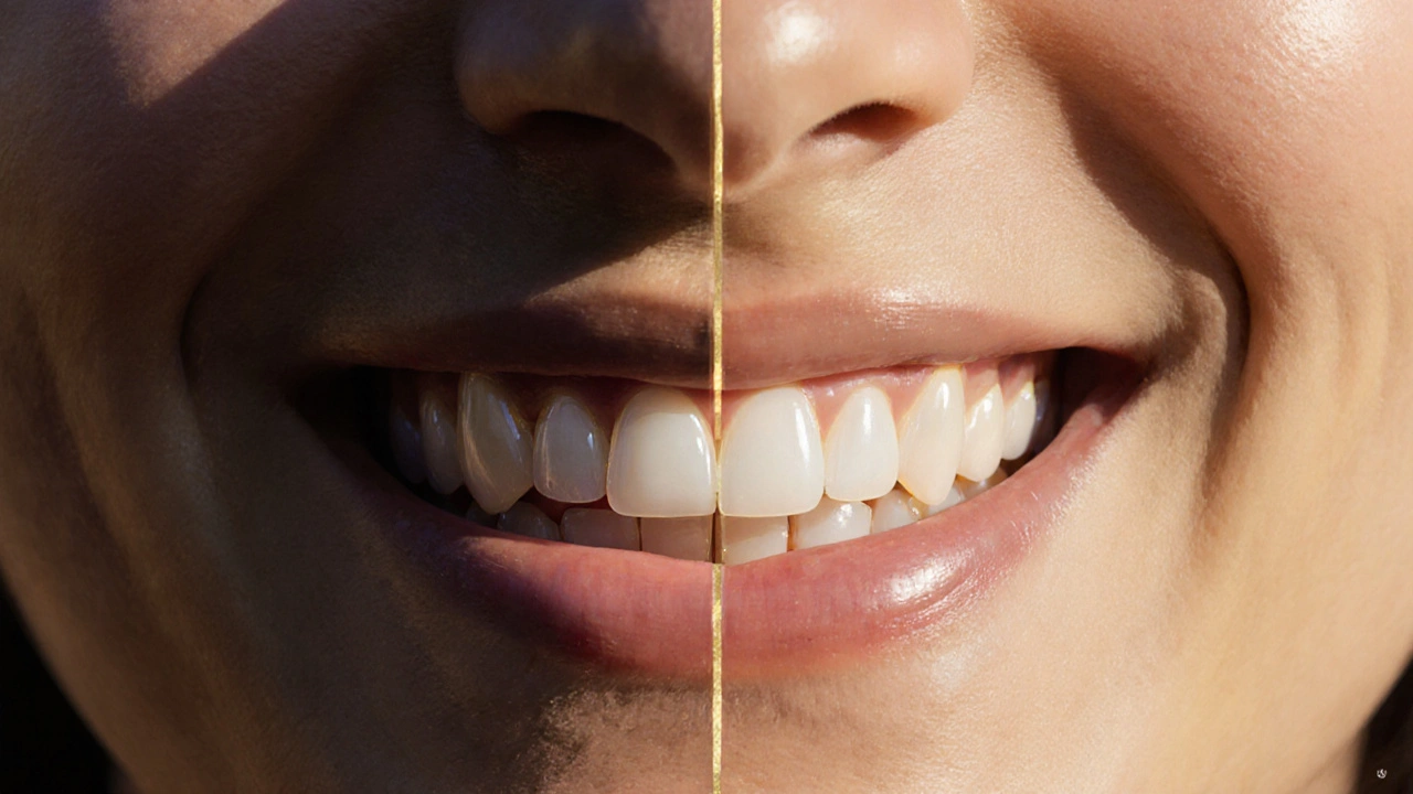 Před a po: tmavé, poškozené zuby se mění na bílé, leskoucí se keramické fazety.